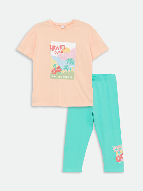 LCW Kids Crew Neck Printed Short Sleeve Girls' T-Shirt and Tights