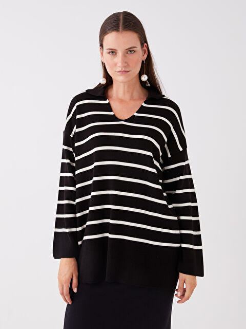 LCWAIKIKI Basic Polo Yaka Çizgili Oversize Kadın Triko Kazak - W30087Z8-LEG