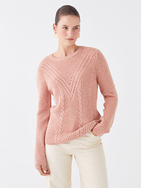 LCWAIKIKI Basic Bisiklet Yaka Ajurlu Uzun Kollu Kadın Triko Kazak - W30158Z8-FGV