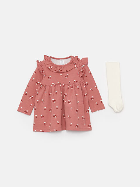 LCW baby Bisiklet Yaka Uzun Kollu Baskılı Kız Bebek Elbise ve Külotlu Çorap 2'li Takım - W31177Z1-LT4
