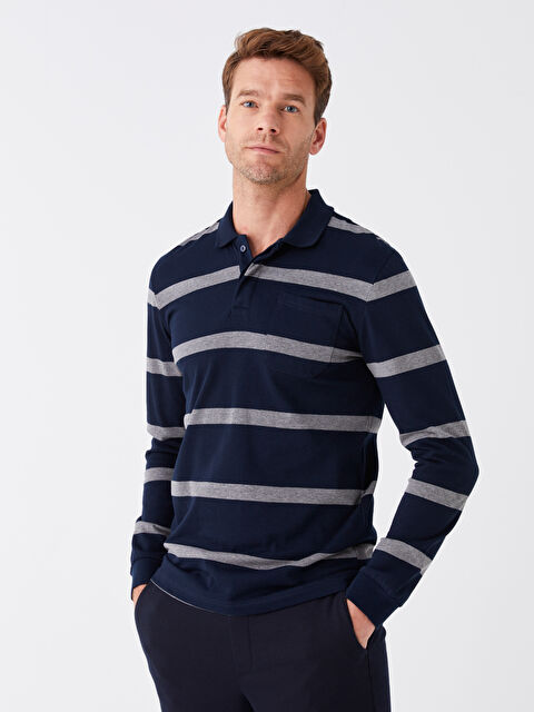 LCWAIKIKI Classic Polo Yaka Uzun Kollu Çizgili Erkek Sweatshirt - W31609Z8-LGS
