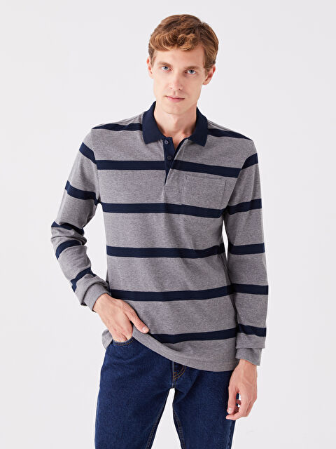 LCWAIKIKI Classic Polo Yaka Uzun Kollu Çizgili Erkek Sweatshirt - W31609Z8-RTW
