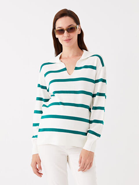 LCWAIKIKI Maternity Polo Yaka Çizgili Uzun Kollu Hamile Triko Kazak - W32588Z8-LFT