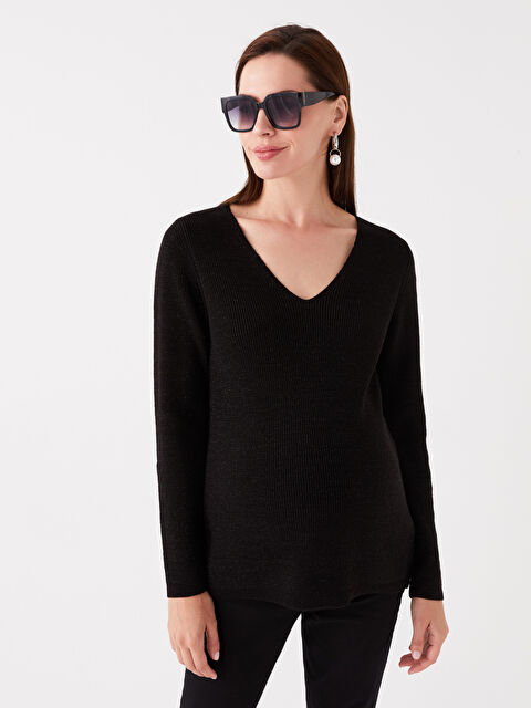 LCWAIKIKI Maternity V Yaka Düz Uzun Kollu Hamile Triko Kazak - W32590Z8-CVL