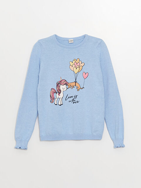 LCW Kids Bisiklet Yaka Baskılı Uzun Kollu Kız Çocuk Triko Kazak - W32668Z4-354