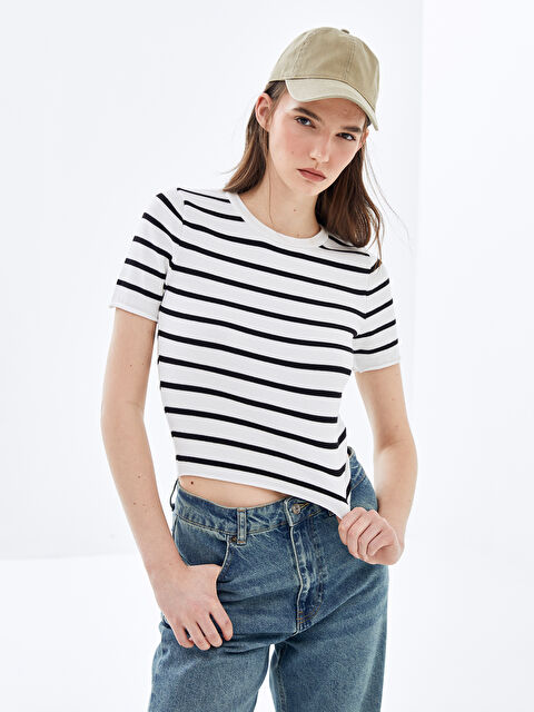 LCW Vision Bisiklet Yaka Çizgili Kısa Kollu Kadın Triko Kazak - W32749Z8-RQN