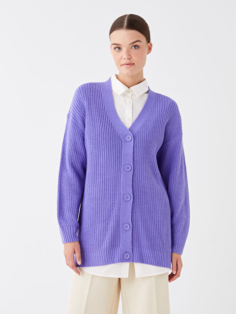 LCW Modest V Yaka Oversize Kadın Triko Hırka - W32776Z8-VAP