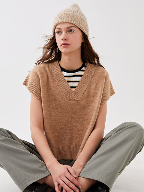 LCW Vision Kadın V Yaka Düz Triko Süveter - W32819Z8-LDZ