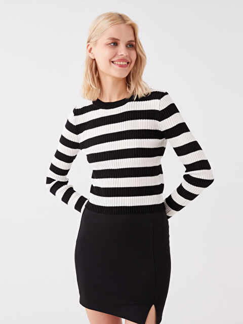LCW Vision Bisiklet Yaka Çizgili Uzun Kollu Kadın Triko Kazak - W33045Z8-R9J
