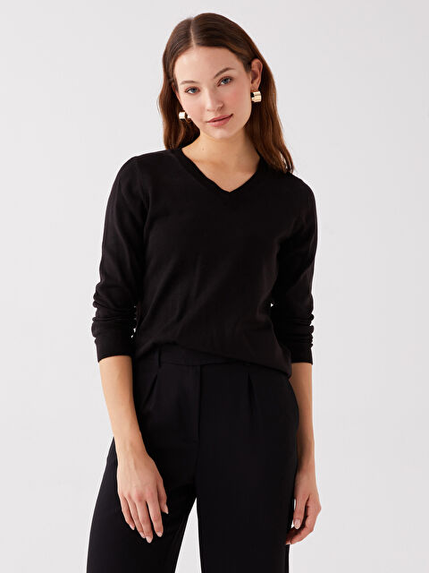 LCWAIKIKI Basic V Yaka Düz Uzun Kollu Kadın Triko Kazak - W33064Z8-CVL