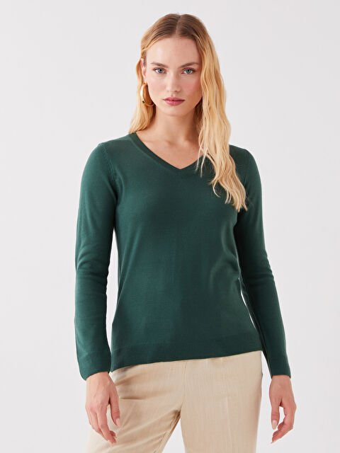 LCWAIKIKI Basic V Yaka Düz Uzun Kollu Kadın Triko Kazak - W33064Z8-HHT