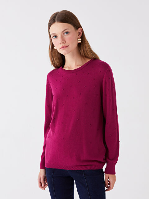 LCWAIKIKI Basic Bisiklet Yaka Kendinden Desenli Uzun Kollu Kadın Triko Kazak - W33286Z8-HLF