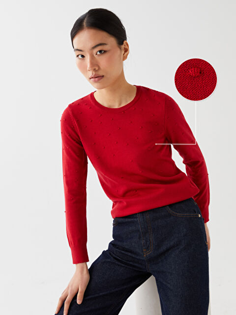 LCWAIKIKI Basic Bisiklet Yaka Kendinden Desenli Uzun Kollu Kadın Triko Kazak - W33286Z8-HJY