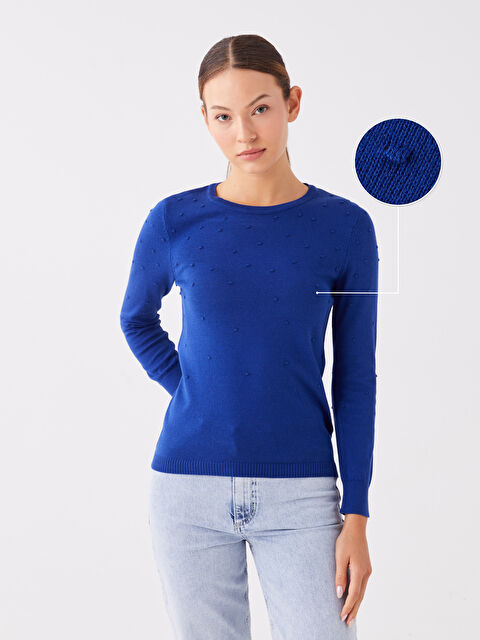 LCWAIKIKI Basic Bisiklet Yaka Kendinden Desenli Uzun Kollu Kadın Triko Kazak - W33286Z8-HRS