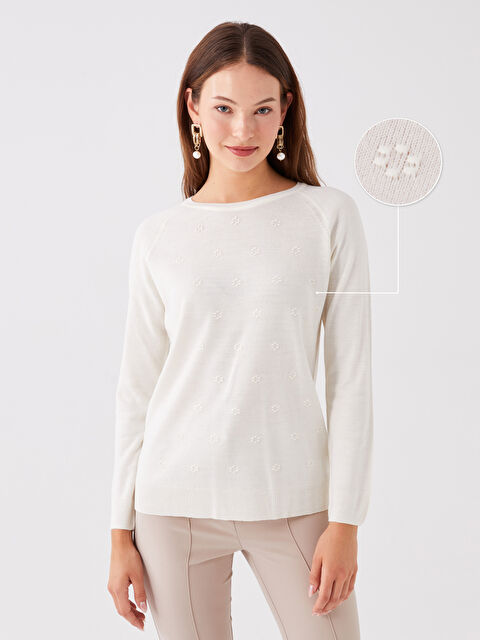 LCWAIKIKI Basic Bisiklet Yaka Kendinden Desenli Kadın Triko Kazak - W33287Z8-FDH