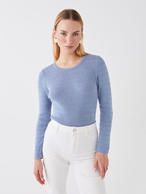 LCWAIKIKI Basic Bisiklet Yaka Kendinden Desenli Uzun Kollu Kadın Triko Kazak - W33288Z8-GKM