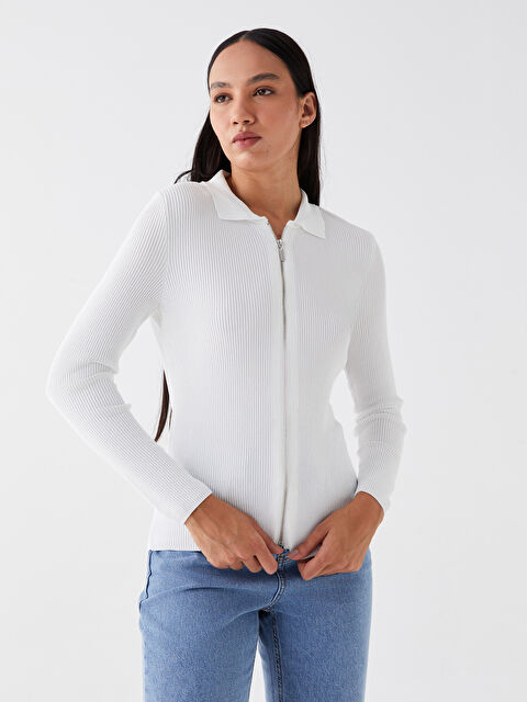 LCWAIKIKI Basic Gömlek Yaka Düz Uzun Kollu Kadın Triko Hırka - W33305Z8-R9J