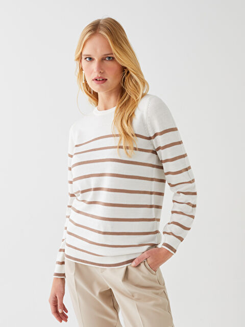 LCWAIKIKI Basic Bisiklet Yaka Çizgili Uzun Kollu Kadın Triko Kazak - W33308Z8-LFC