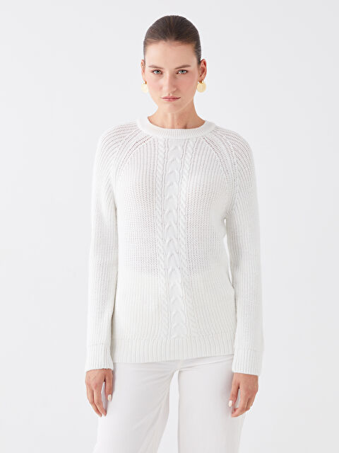 LCWAIKIKI Basic Bisiklet Yaka Kendinden Desenli Uzun Kollu Kadın Triko Kazak - W33361Z8-R9J