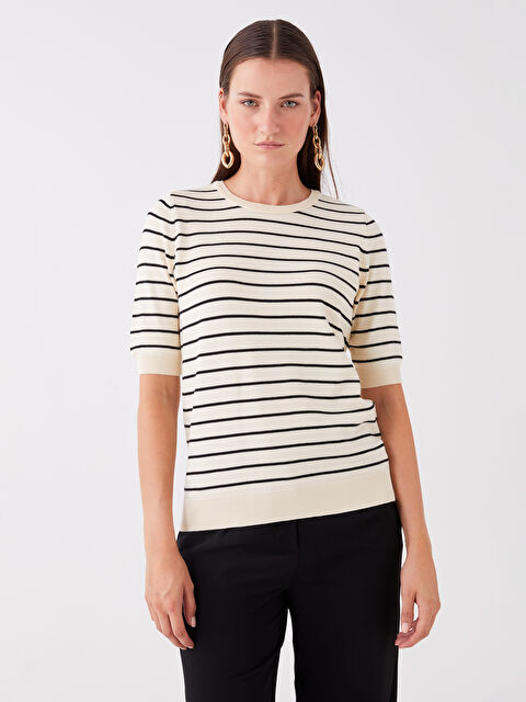 LCWAIKIKI Basic Bisiklet Yaka Çizgili Kadın Triko Kazak - W33393Z8-LFC