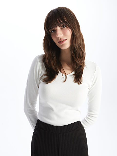 LCWAIKIKI Basic V Yaka Düz Uzun Kollu Kadın Tişört - W34963Z8-R9J