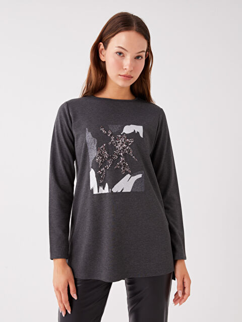 LCWAIKIKI Basic Bisiklet Yaka Baskılı Uzun Kollu Kadın Bluz - W34994Z8-L8N