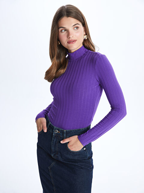 LCWAIKIKI Basic Dik Yaka Düz Uzun Kollu Kadın Tişört - W35154Z8-HEP