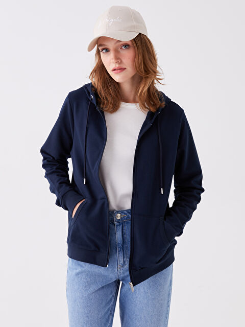 LCWAIKIKI Classic Kapüşonlu Düz Uzun Kollu Kadın Fermuarlı Sweatshirt - W35329Z8-E1J