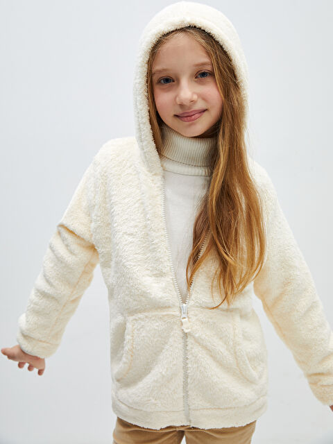 LCW Kids Kapüşonlu Basic Uzun Kollu Pelüş Kız Çocuk Fermuarlı Sweatshirt