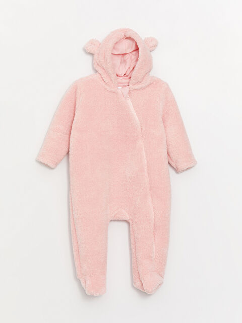 LCW baby جمبسوت قطيفة مزود بغطاء رأس وكم طويل للبنات الرضع - W36293Z1-V5U