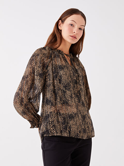 LCWAIKIKI Classic Bağlamalı Yaka Desenli Uzun Kollu Oversize Kadın Bluz - W36305Z8-LRA
