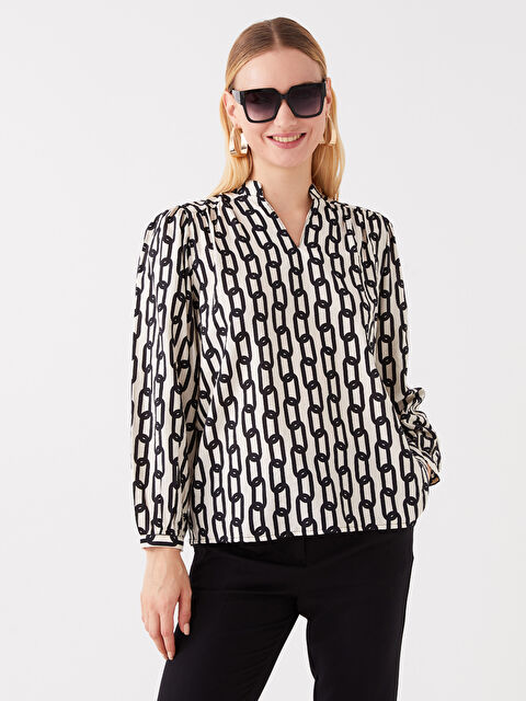 LCWAIKIKI Classic Kaçık Yaka Desenli Uzun Kollu Oversize Kadın Bluz - W36308Z8-LQJ