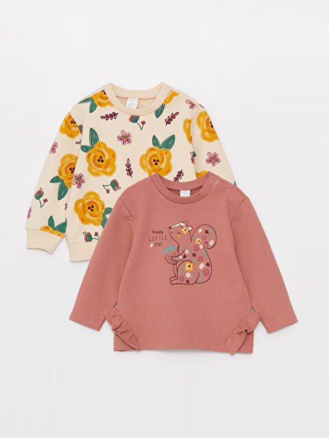 LCW baby Bisiklet Yaka Uzun Kollu Baskılı Kız Bebek Sweatshirt 2'li - W36357Z1-LRB