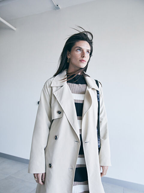 LCWAIKIKI Classic Yarım Balıkçı Yaka Renk Bloklu Kısa Kollu Kadın Triko Elbise - W36451Z8-LEG