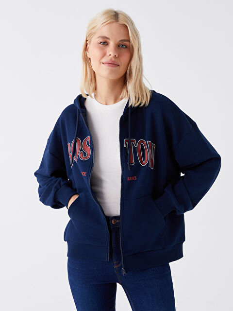 LCW Vision Kapüşonlu Baskılı Uzun Kollu Oversize Kadın Fermuarlı Sweatshirt - W36543Z8-R4J