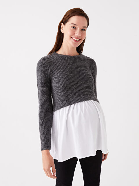 LCWAIKIKI Maternity Bisiklet Yaka Düz Uzun Kollu Hamile Triko Tunik - W36699Z8-L8N