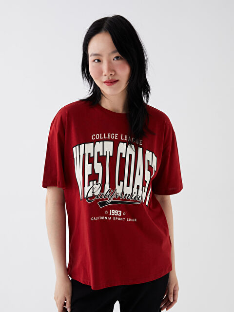 LCW Vision Bisiklet Yaka Baskılı Kısa Kollu Oversize Kadın Tişört - W36760Z8-HLG