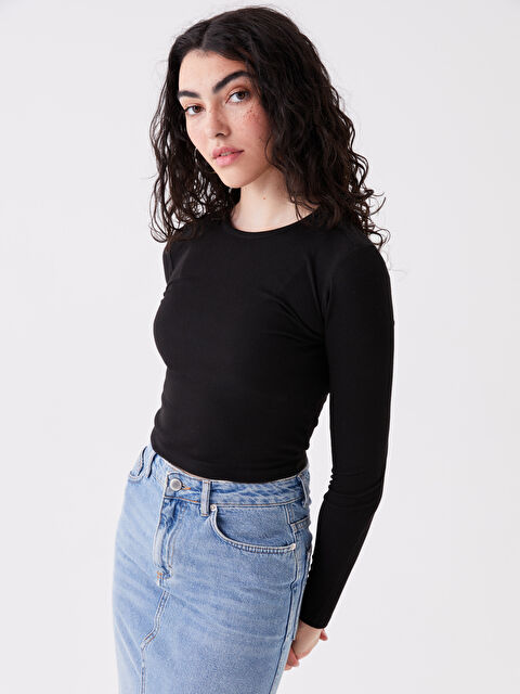 LCW Vision Bisiklet Yaka Düz Uzun Kollu Kadın Crop - W36804Z8-CVL