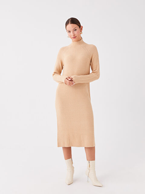 LCWAIKIKI Classic Yarım Balıkçı Yaka Kendinden Desenli Uzun Kollu Kadın Triko Elbise - W37014Z8-L8Q