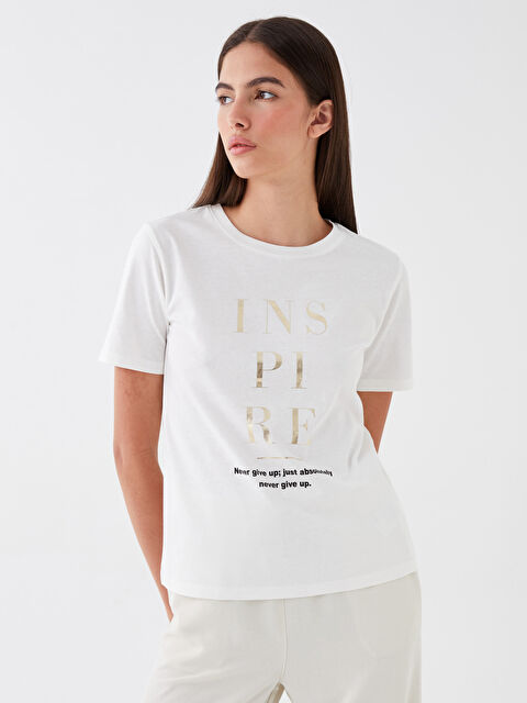 LCW Vision Bisiklet Yaka Baskılı Kısa Kollu Kadın Tişört - W37103Z8-R9J