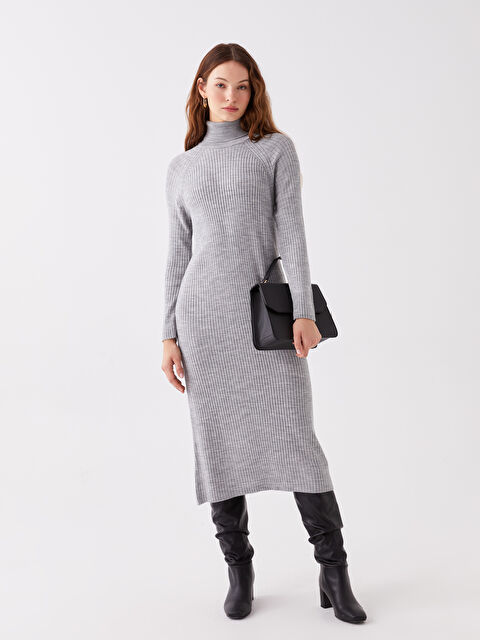 LCWAIKIKI Classic Balıkçı Yaka Düz Uzun Kollu Kadın Triko Elbise - W37119Z8-JMD