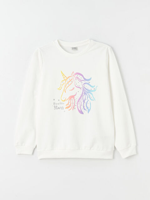 LCW Kids Bisiklet Yaka Baskılı Uzun Kollu Kız Çocuk Sweatshirt - W37426Z4-R9J