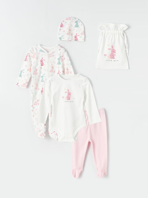 LCW baby Crew Neck Long Sleeve Cotton Baby Girl Hospital Discharge Set 5-Piece - W37472Z1-LRA