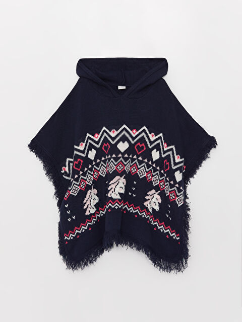 LCW Kids Kapüşonlu Desenli Kız Çocuk Triko Panço - W38242Z4-HFH
