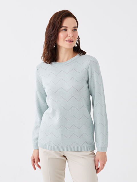 LCW Grace Bisiklet Yaka Çizgili Uzun Kollu Kadın Triko Kazak - W38336Z8-LA9