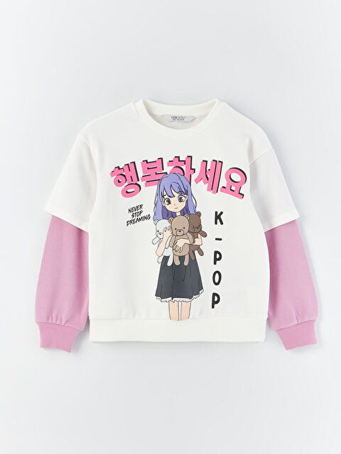 LCW Kids Bisiklet Yaka K-Pop Baskılı Uzun Kollu Kız Çocuk Sweatshirt - W38896Z4-FFB