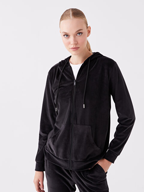 LCWAIKIKI Basic سويت شيرت بسحاب سادة بغطاء للرأس وكم طويل للسيدات - W39154Z8-CVL