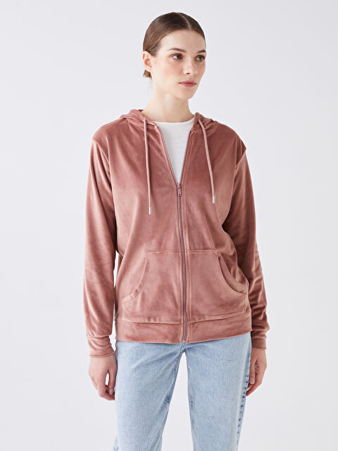 LCWAIKIKI Basic Kapüşonlu Düz Uzun Kollu Kadın Fermuarlı Sweatshirt - W39154Z8-GTW