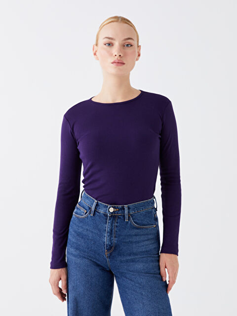 LCWAIKIKI Basic Bisiklet Yaka Düz Uzun Kollu Kadın Tişört - W39605Z8-LCR