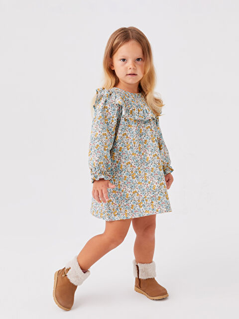 LCW baby Bisiklet Yaka Uzun Kollu Çiçek Desenli Kız Bebek Elbise - W39717Z1-LRA
